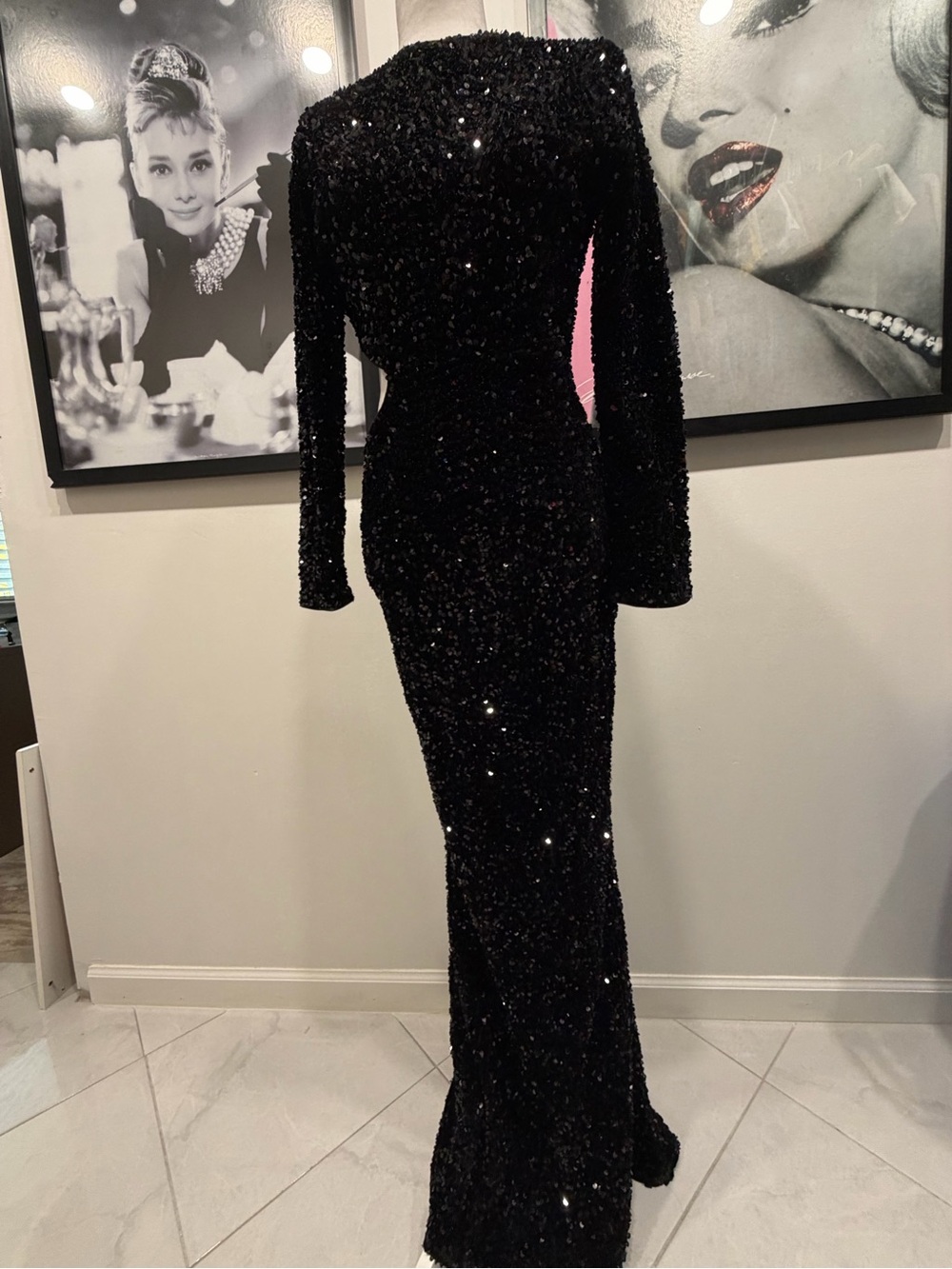 Elegant Black Sequin Long Sleeve Evening Gown